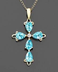 14k Gold 5-Stone Blue Topaz (2 ct. t.w.) Diamond-Accent Cross Pendant