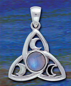 Triquetra "Power of Three" Pendant with Moons and Gemstone  with rainbow moonstone TP3270