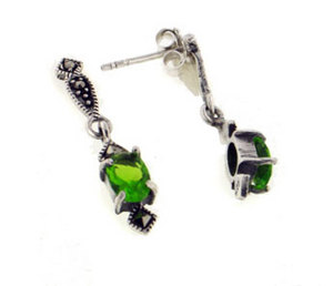 Sterling Silver Marcasite Green PERIDOT Post Earrings