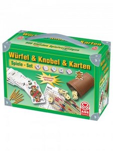 W&#252;rfel- und Kartenspiel- sammlung, mit Lederw&#252;rfel- becher, W&#252;rfeln, Skat, Yatzy- Block und Mikado 27 x 27 x 4,5c