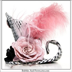 Pinky and the Brain.... A-Symmetrical Mini Top Hat, Black and White Striped with Baby Pink