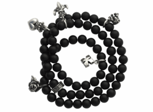 THREE STRAND BLACK ONYX BRACELET W/5 SILVER CHARMS