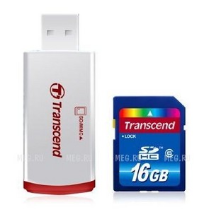 Карта памяти SDHC 16Gb SDHC 16Gb Transcend Class 6  USB Reader P2