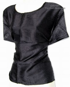 Black Textured Thai Silk Cap Sleeve Womens Shirt