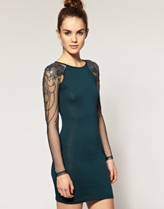 Warehouse Embellished Mesh Sleeve Dress