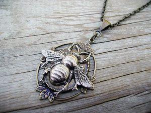 Buzzing Bee Necklace on Brass Filigree