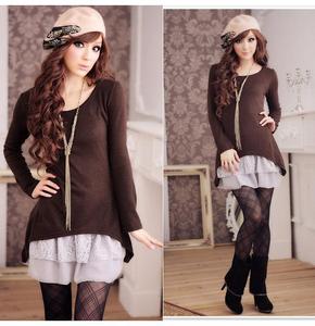 Fashion Long Sleeve Crewneck Two-Piece Lace Chiffon Party Casual Mini Dress #204