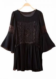 Black Round Neck Lace Embroidery Chiffon Dress