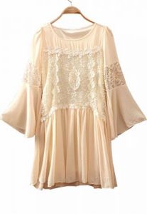 Beige Round Neck Lace Embroidery Chiffon Dress