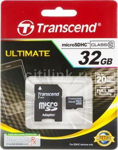 Карта памяти microSDHC TRANSCEND 32Гб, Class 10, TS32GUSDHC10,  с переходником на SD