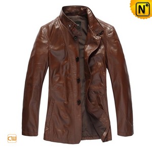 Mens Brown Leather Trench Coat CW880073 - cwmalls.com