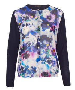 PAUL SMITH BLACK LABEL NAVY DIGITAL PANSY PRINT CREPE FRONT CARDIGAN