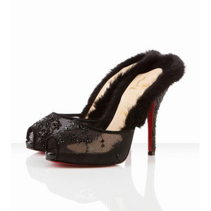 Red Bottom Christian Louboutin Nutria 120mm Black Lace Fur Strass Sandals