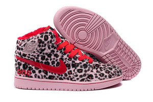 Air Jordan 1 High Top Winter Fur Shoes - Sport Red and Pink - Leopard Print Premium Olympic Edition