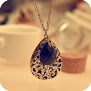 Retro Vintage Bronze Black Water Drop Gem Stone Pendant Necklace