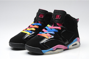 Retro Women Style Shoes: Jordan 6 Gs Colors "Rainbow" Black & Pink Flash & Marina Blue