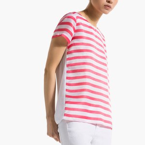 STRIPED COTTON AND SILK T-SHIRT WITH BUTTON BACK