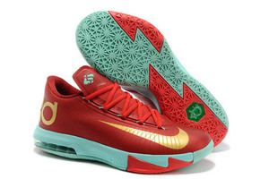 Nike KD 6 "Christmas" Light Crimson With Metallic Gold and Green Glow Mens Sneakers