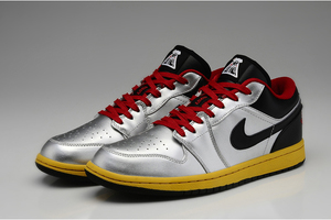 Mens Low Nike Air Jordan 1 Retro Basketball Sneakers Online:Metallic Silver and Tour Yellow/Challenge Red/Black