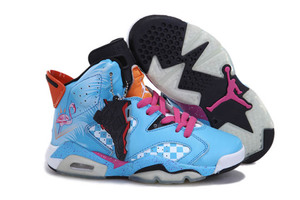 Nike Michael Jordan 6 Womens Athletic Trainers Blue/Pink/Orange "Two lace" Edition