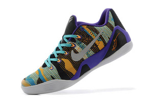 "Pop Art Camo" Women Style Nike Kobe 9 Low Basketball Sneakers EM in Color Silver/Purple/Turquoise and Atomic Mango