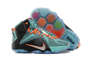 Orange Color Shoes with Teal and Black Color Nike LeBron James Air Max 12 XII for Men