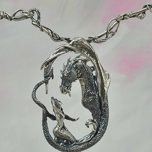 The "Enchantment" Dragon & Mermaid Pendant with Neck Wire Set in Sterling Silver