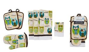 Kitchen Towel Set 7 Piece- Kitchen Towels, Pot Holders, Oven Mitt & Dishcloth - 7-Piece Owl Kitchen Set