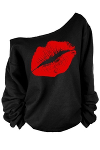 One-Shoulder Lip Print Sweatshirt