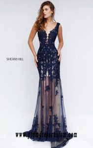 V-Neck Navy Beaded 2016 Sherri Hill 50256 Bodice Long Sheer Prom Dresses