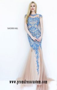 2016 Blue Beaded Appliques High-Neck Sherri Hill 1939 Long Bodice Prom Dresses