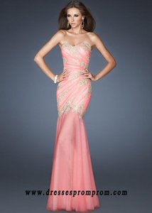 Unique Full length Strapless Beaded Peach Mermaid Dresses