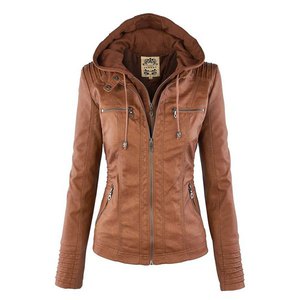 brown leatherish jacket with detachable hood