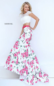 Sherri Hill 50421 Floral Printed Two Piece 2017 Cap Sleeves Boat Neckline Ivory/Pink Long Evening Dresses