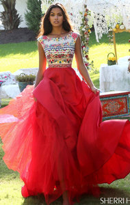 Boat Neckline Beaded Sherri Hill 50335 Floral Printed Cap Sleeves Red/Multi 2016 Long Chiffon Evening Gown