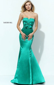 Emerald Sleeveless Strapless Long Satin Prom Dresses 2017 Sherri Hill 50543 Square Neckline Bows Embellishments