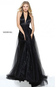 Black Sleeveless Open Back Sherri Hill 50834 Plunging V Neckline 2017 Pleated Long Satin Evening Dresses