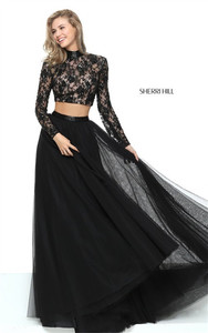 Two-Piece Black Slit Sherri Hill 50821 Cutout Back Long Sleeved Prom Dress