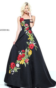 Black/Multi Floral Printed Patterned Sherri Hill 50830 Sleeveless Straight Neckline 2017 Long Taffeta Prom Dresses