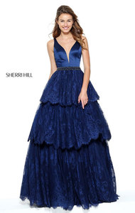 Sleeveless Satin Bodice Sherri Hill 50844 Beaded Waistband Navy 2017 Plunging V Neckline Long Lace Evening Dresses