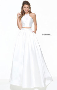 Two Piece Halter Neckline Sherri Hill 50893 Sleeveless Ivory Open Back 2017 Long Satin Evening Gown