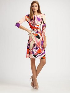 Emilio Pucci Three Quarter Sleeve Belted Dress Orange Print