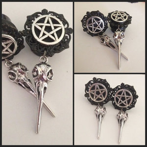 pentagram Black Bird Skull Custom Dangle Plugs