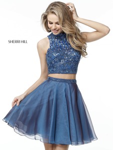 Sherri Hill 51296 Blue High Neck Two Piece Beaded Chiffon Homecoming Dresses 2017