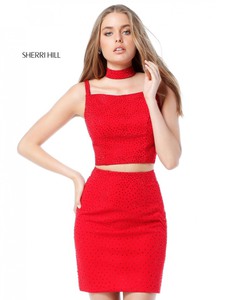 Red High Neck 2017 Two Piece Sherri Hill 51325 Beaded Fitted Short Jersey Cocktail Dresses