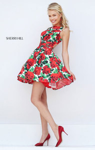 Sherri Hill 50444 Sleeveless Red Cutout Back Discount Short A-Line Cocktail Dresses Floral Print