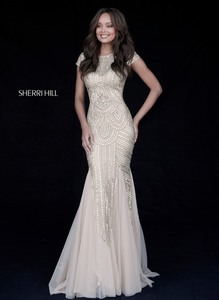 Latest High Neck Gold Cap Sleeves Keyhole Back Sherri Hill 51426 Long Tulle Prom Dresses Online Sale