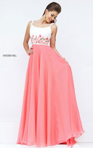 2017 Floral Embellishments Beaded Coral Boat Neckline Sherri Hill 50410 Long Chiffon Prom Dresses