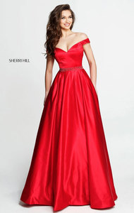 Off The Shoulder Sherri Hill 51124 Satin Long A Line Evening Dresses Red 2017