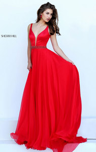 Sherri Hill 50264 Plunging V Neckline Red 2016 Beaded Pleated Long Chiffon Prom Dresses